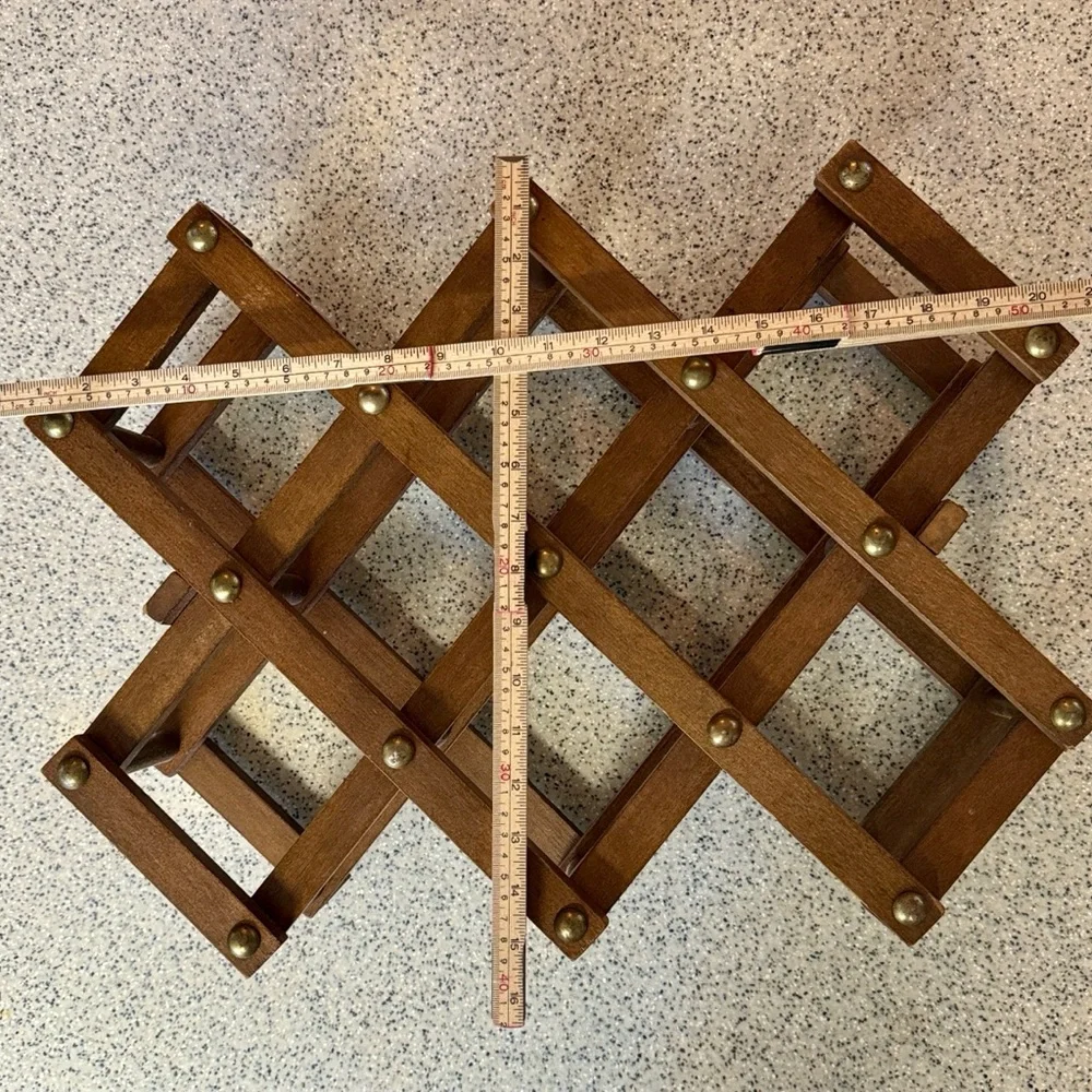 Vintage 70s Wooden Folding Accordion Style Wine Rack with Brass Nails.